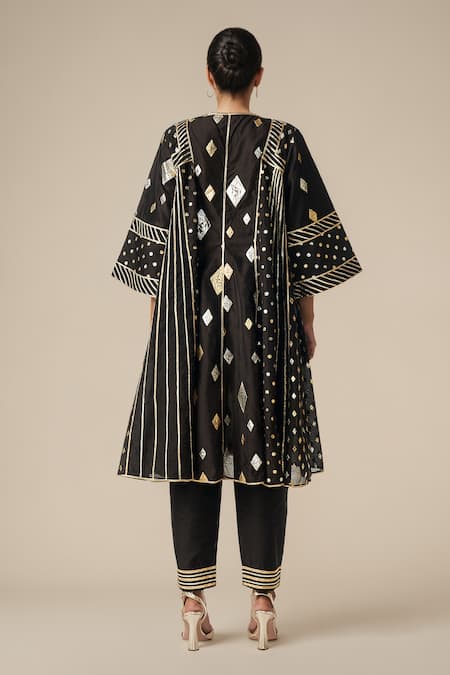 Shop_Gulabo By Abu Sandeep_Black Modal, Chanderi Gota Patti, Embroidery V-neck Work Kali Kurta Set _at_Aza_Fashions