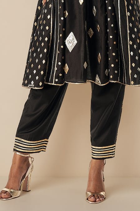 Gulabo By Abu Sandeep_Black Modal, Chanderi Gota Patti, Embroidery V-neck Work Kali Kurta Set _Online_at_Aza_Fashions