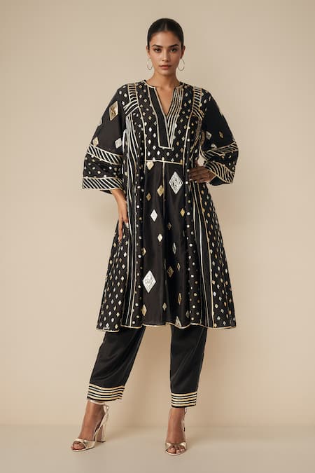 Buy_Gulabo By Abu Sandeep_Black Modal, Chanderi Gota Patti, Embroidery V-neck Work Kali Kurta Set _Online_at_Aza_Fashions