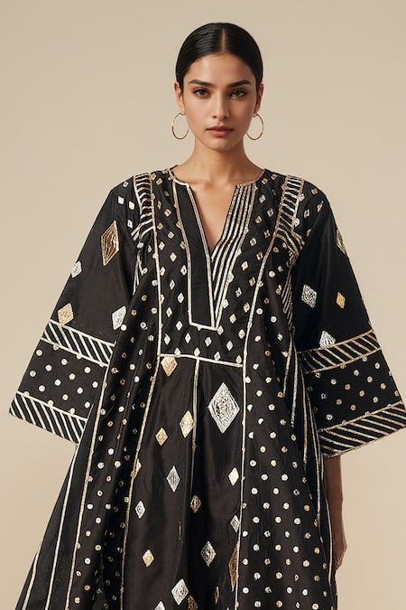 Shop_Gulabo By Abu Sandeep_Black Modal, Chanderi Gota Patti, Embroidery V-neck Work Kali Kurta Set _Online_at_Aza_Fashions