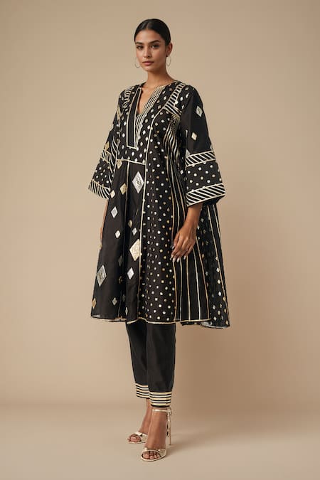 Gulabo By Abu Sandeep_Black Modal, Chanderi Gota Patti, Embroidery V-neck Work Kali Kurta Set _at_Aza_Fashions