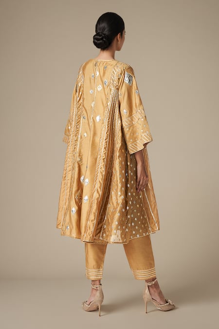 Shop_Gulabo By Abu Sandeep_Beige Modal, Chanderi Gota Patti V-neck Embroidered Side Kali Kurta Set _at_Aza_Fashions