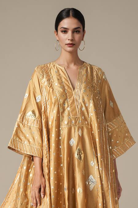 Buy_Gulabo By Abu Sandeep_Beige Modal, Chanderi Gota Patti V-neck Embroidered Side Kali Kurta Set _Online_at_Aza_Fashions
