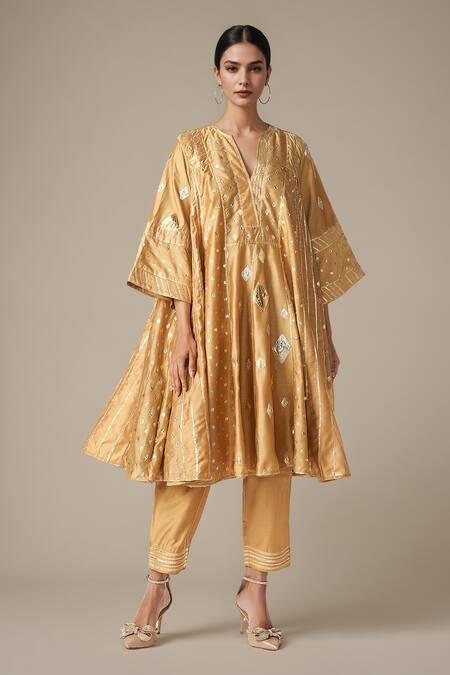 Shop_Gulabo By Abu Sandeep_Beige Modal, Chanderi Gota Patti V-neck Embroidered Side Kali Kurta Set _Online_at_Aza_Fashions