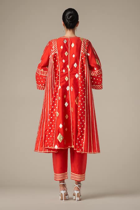 Shop_Gulabo By Abu Sandeep_Red Modal, Chanderi Gota Patti, Embroidery V-neck Kali Kurta Set _at_Aza_Fashions