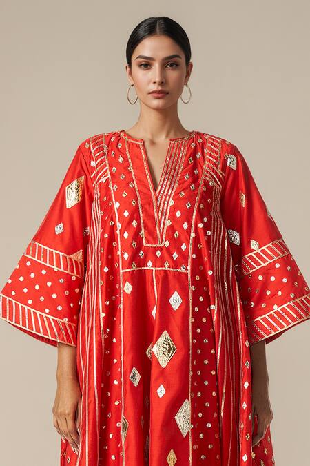 Buy_Gulabo By Abu Sandeep_Red Modal, Chanderi Gota Patti, Embroidery V-neck Kali Kurta Set _Online_at_Aza_Fashions