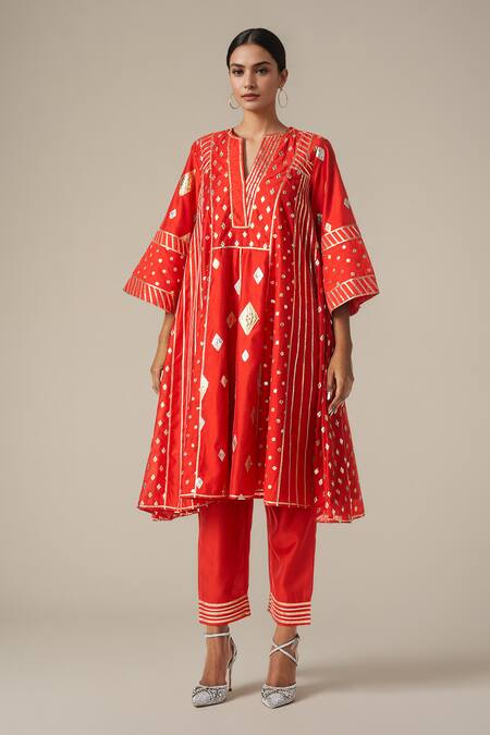 Shop_Gulabo By Abu Sandeep_Red Modal, Chanderi Gota Patti, Embroidery V-neck Kali Kurta Set _Online_at_Aza_Fashions