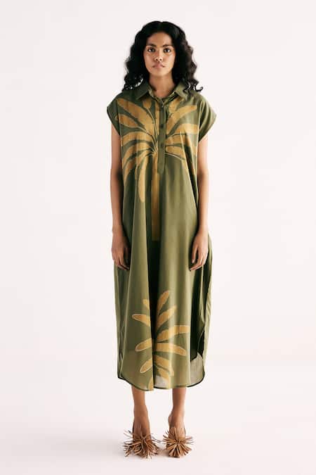 Kharakapas_Green Cotton Shawl Neck Palm Print Shirt Dress _Online_at_Aza_Fashions