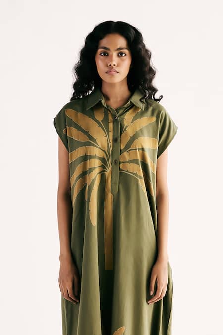 Buy_Kharakapas_Green Cotton Shawl Neck Palm Print Shirt Dress _Online_at_Aza_Fashions