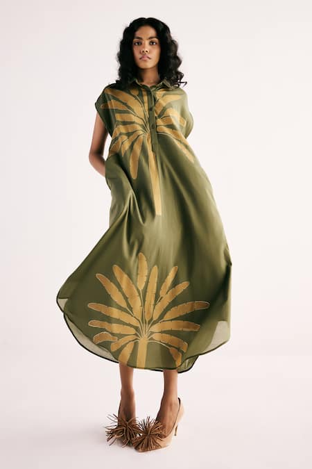 Kharakapas_Green Cotton Shawl Neck Palm Print Shirt Dress _at_Aza_Fashions