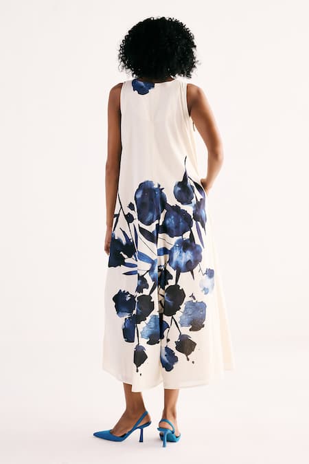 Shop Kharakapas White Cotton V-neck Celestial Ink Jumpsuit at Aza Fashions Shop_Kharakapas_White Cotton V-neck Celestial Ink Jumpsuit _at_Aza_Fashions