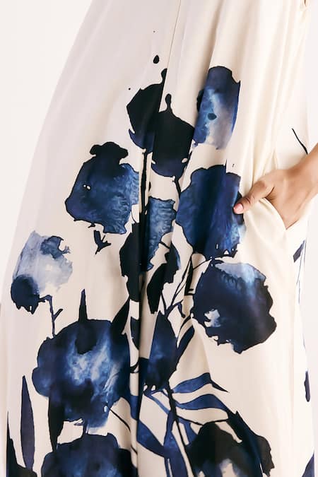 Shop Kharakapas White Cotton V-neck Celestial Ink Jumpsuit Online at Aza Fashions Shop_Kharakapas_White Cotton V-neck Celestial Ink Jumpsuit _Online_at_Aza_Fashions