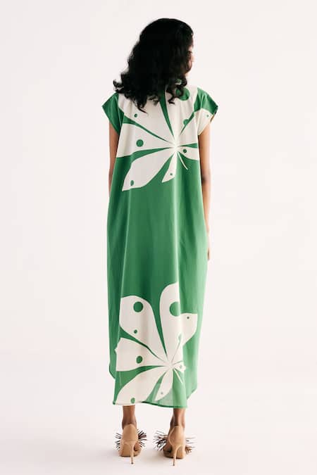 Shop Kharakapas Green Cotton Collared Maple Leaf Shirt Dress at Aza Fashions Shop_Kharakapas_Green Cotton Collared Maple Leaf Shirt Dress _at_Aza_Fashions