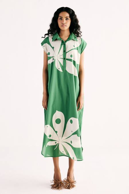 Kharakapas Green Cotton Collared Maple Leaf Shirt Dress Online at Aza Fashions Kharakapas_Green Cotton Collared Maple Leaf Shirt Dress _Online_at_Aza_Fashions