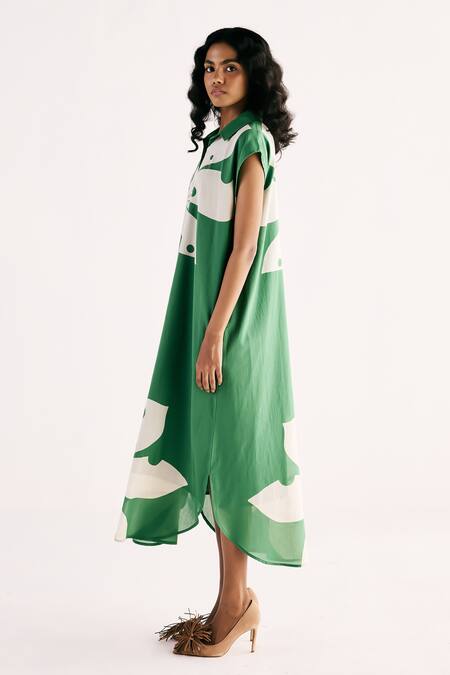 Shop Kharakapas Green Cotton Collared Maple Leaf Shirt Dress Online at Aza Fashions Shop_Kharakapas_Green Cotton Collared Maple Leaf Shirt Dress _Online_at_Aza_Fashions