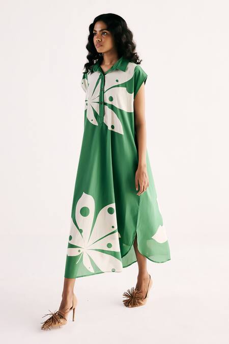 Kharakapas Green Cotton Collared Maple Leaf Shirt Dress at Aza Fashions Kharakapas_Green Cotton Collared Maple Leaf Shirt Dress _at_Aza_Fashions