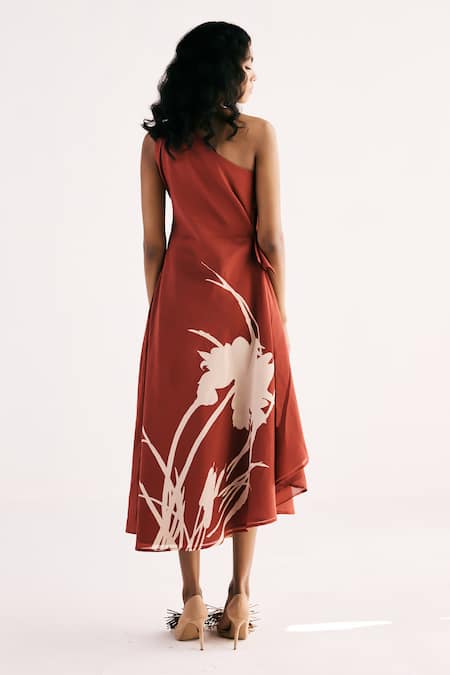 Shop Kharakapas Red Cotton Embroidery One Shoulder Desert Rose Dress at Aza Fashions Shop_Kharakapas_Red Cotton Embroidery One Shoulder Desert Rose Dress _at_Aza_Fashions