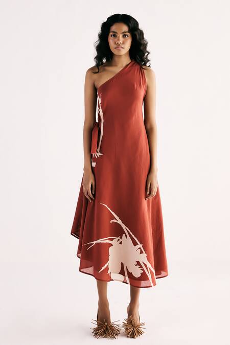 Kharakapas Red Cotton Embroidery One Shoulder Desert Rose Dress Online at Aza Fashions Kharakapas_Red Cotton Embroidery One Shoulder Desert Rose Dress _Online_at_Aza_Fashions