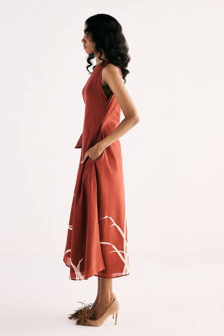 Shop Kharakapas Red Cotton Embroidery One Shoulder Desert Rose Dress Online at Aza Fashions Shop_Kharakapas_Red Cotton Embroidery One Shoulder Desert Rose Dress _Online_at_Aza_Fashions