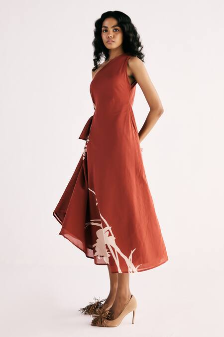 Kharakapas Red Cotton Embroidery One Shoulder Desert Rose Dress at Aza Fashions Kharakapas_Red Cotton Embroidery One Shoulder Desert Rose Dress _at_Aza_Fashions