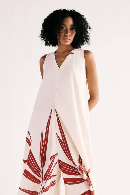 Shop_Kharakapas_Off White Cotton V-neck Elysian Fern Jumpsuit _Online_at_Aza_Fashions