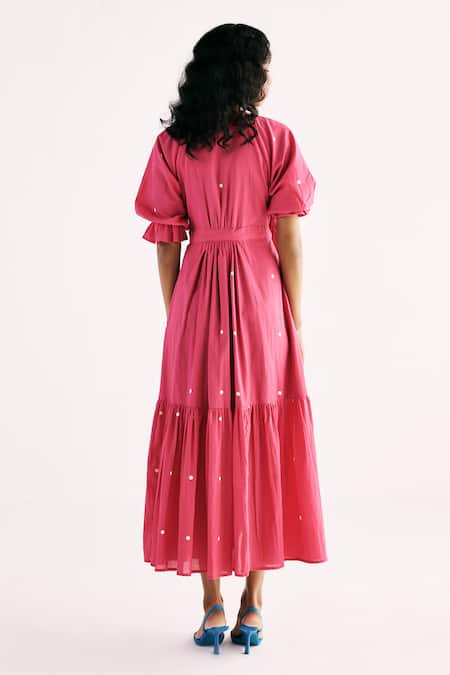 Shop Kharakapas Pink Cotton V-neck Polka Wrap Ruffle Dress at Aza Fashions Shop_Kharakapas_Pink Cotton V-neck Polka Wrap Ruffle Dress _at_Aza_Fashions