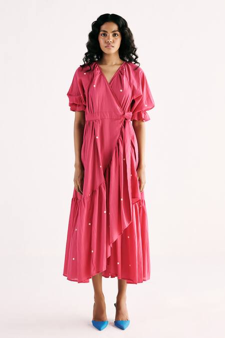 Kharakapas Pink Cotton V-neck Polka Wrap Ruffle Dress Online at Aza Fashions Kharakapas_Pink Cotton V-neck Polka Wrap Ruffle Dress _Online_at_Aza_Fashions