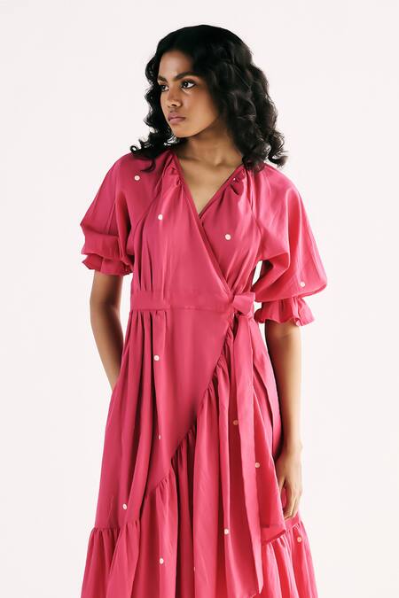 Buy Kharakapas Pink Cotton V-neck Polka Wrap Ruffle Dress Online at Aza Fashions Buy_Kharakapas_Pink Cotton V-neck Polka Wrap Ruffle Dress _Online_at_Aza_Fashions