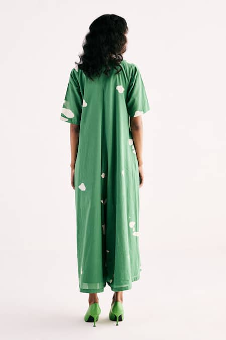 Shop Kharakapas Green Cotton V-neck Gems Of Paradise Jumpsuit at Aza Fashions Shop_Kharakapas_Green Cotton V-neck Gems Of Paradise Jumpsuit _at_Aza_Fashions