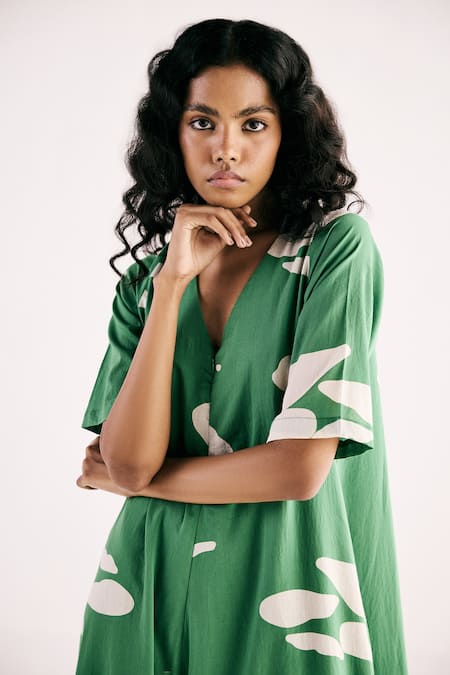 Kharakapas Green Cotton V-neck Gems Of Paradise Jumpsuit at Aza Fashions Kharakapas_Green Cotton V-neck Gems Of Paradise Jumpsuit _at_Aza_Fashions