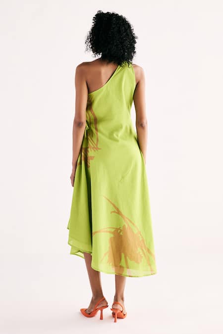 Shop_Kharakapas_Green Cotton Mul Printed Floral One Shoulder Limelight Dress _at_Aza_Fashions