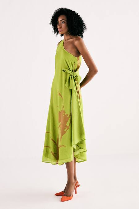 Shop_Kharakapas_Green Cotton Mul Printed Floral One Shoulder Limelight Dress _Online_at_Aza_Fashions