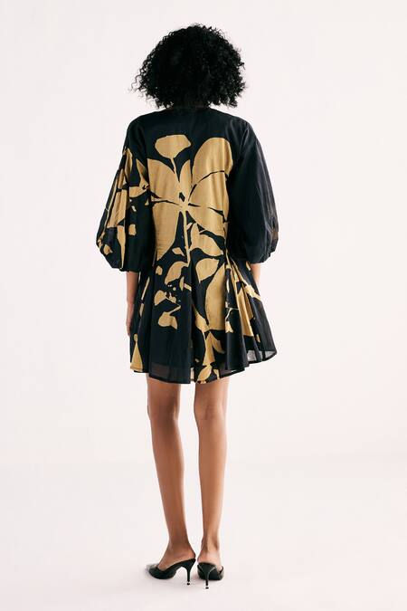 Shop_Kharakapas_Black Cotton V-neck Petal Whispers Printed Dress _at_Aza_Fashions