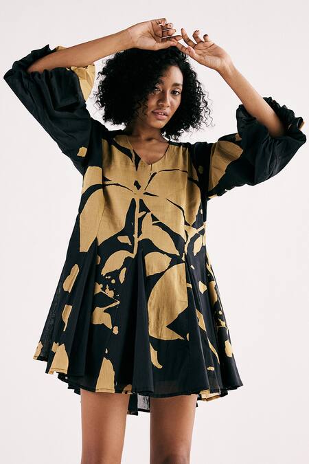 Shop_Kharakapas_Black Cotton V-neck Petal Whispers Printed Dress _Online_at_Aza_Fashions