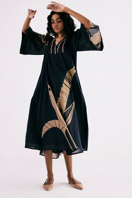 Kharakapas Black Cotton V-neck Paradise Pop Printed Dress at Aza Fashions Kharakapas_Black Cotton V-neck Paradise Pop Printed Dress _at_Aza_Fashions