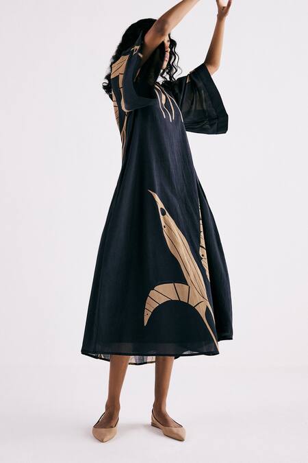 Shop Kharakapas Black Cotton V-neck Paradise Pop Printed Dress Shop_Kharakapas_Black Cotton V-neck Paradise Pop Printed Dress