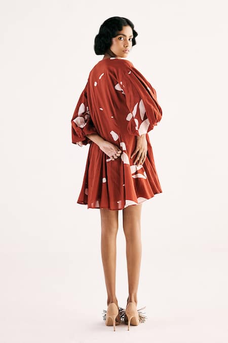 Shop Kharakapas Red Cotton V-neck Rustic Glory Mosaic Print Dress at Aza Fashions Shop_Kharakapas_Red Cotton V-neck Rustic Glory Mosaic Print Dress _at_Aza_Fashions