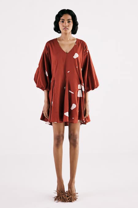 Kharakapas Red Cotton V-neck Rustic Glory Mosaic Print Dress Online at Aza Fashions Kharakapas_Red Cotton V-neck Rustic Glory Mosaic Print Dress _Online_at_Aza_Fashions