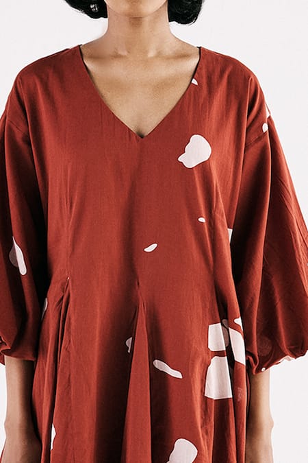 Shop Kharakapas Red Cotton V-neck Rustic Glory Mosaic Print Dress Online at Aza Fashions Shop_Kharakapas_Red Cotton V-neck Rustic Glory Mosaic Print Dress _Online_at_Aza_Fashions