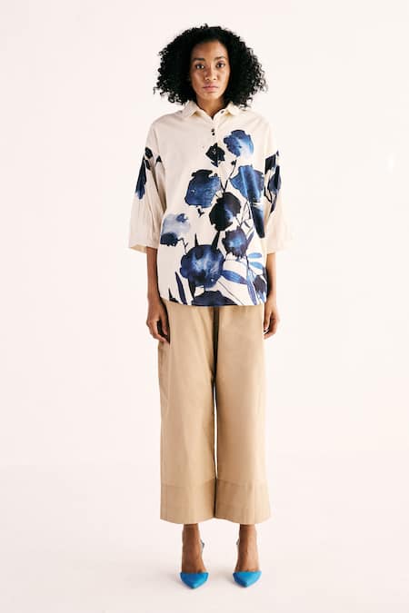Buy_Kharakapas_Off White Cotton Mul Print Orchid Bloom Collared Neck Dream Shirt _Online_at_Aza_Fashions