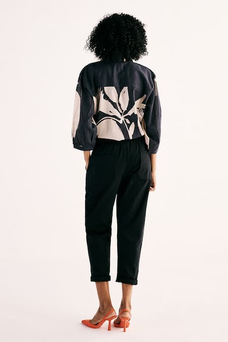 Shop_Kharakapas_Black Cotton Mul Print Floral Collared Neck Luna Iris Shirt _at_Aza_Fashions