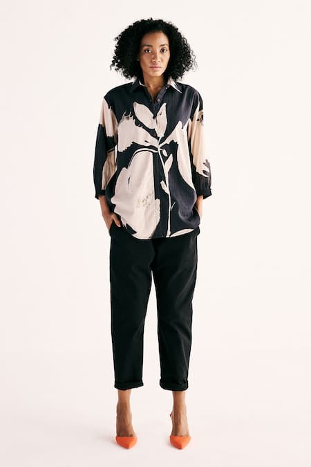 Kharakapas_Black Cotton Mul Print Floral Collared Neck Luna Iris Shirt _Online_at_Aza_Fashions