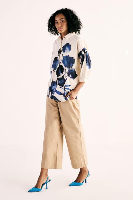 Shop_Kharakapas_Beige Oxford Plain Sand Trouser _Online_at_Aza_Fashions
