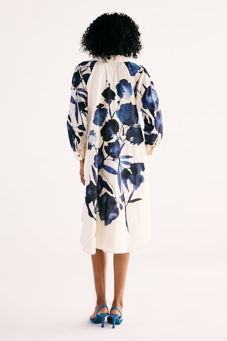 Shop_Kharakapas_Off White Cotton Mul Print Orchid Bloom Collared Neck Dress _at_Aza_Fashions