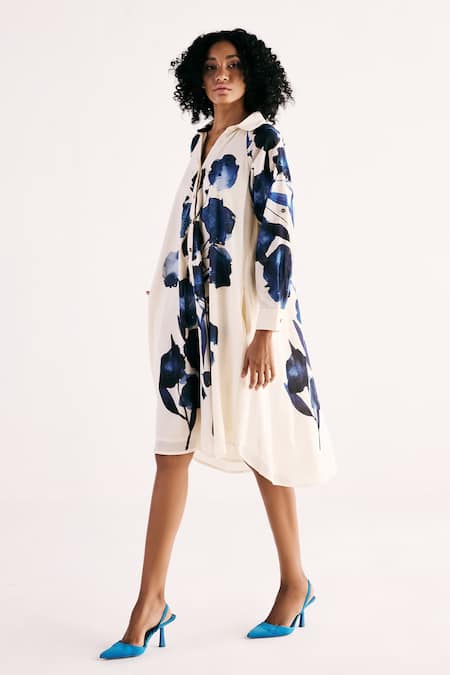 Shop_Kharakapas_Off White Cotton Mul Print Orchid Bloom Collared Neck Dress _Online_at_Aza_Fashions