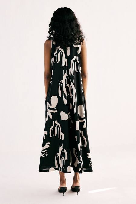 Shop_Kharakapas_Black Cotton Mul Print Cactus V Neck Jumpsuit _at_Aza_Fashions