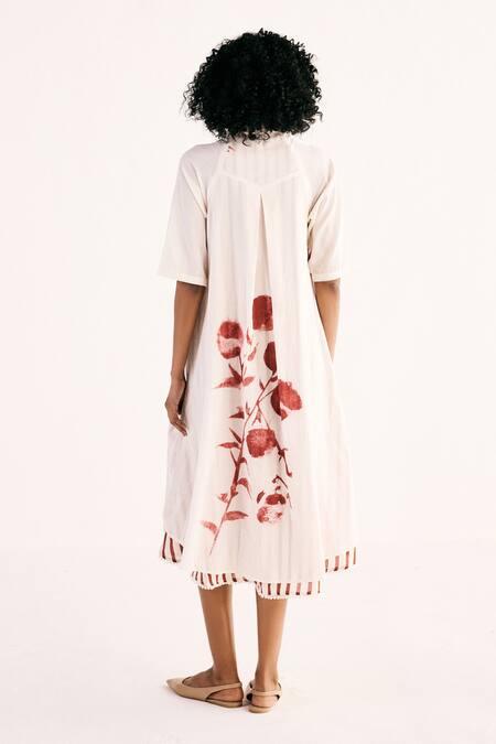 Shop_Kharakapas_Off White Cotton Lace, Embroidery Collared Wild Rose Print Shirt Dress _at_Aza_Fashions