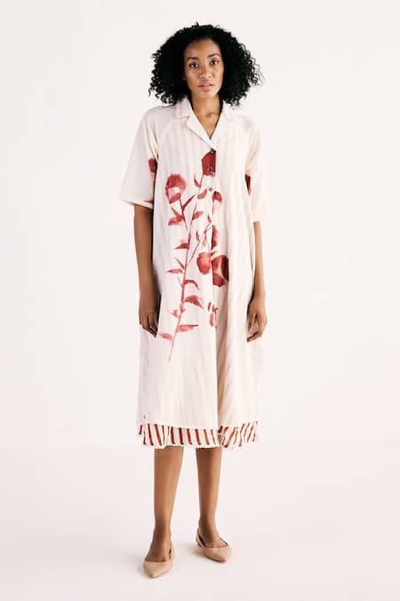 Kharakapas_Off White Cotton Lace, Embroidery Collared Wild Rose Print Shirt Dress _Online_at_Aza_Fashions