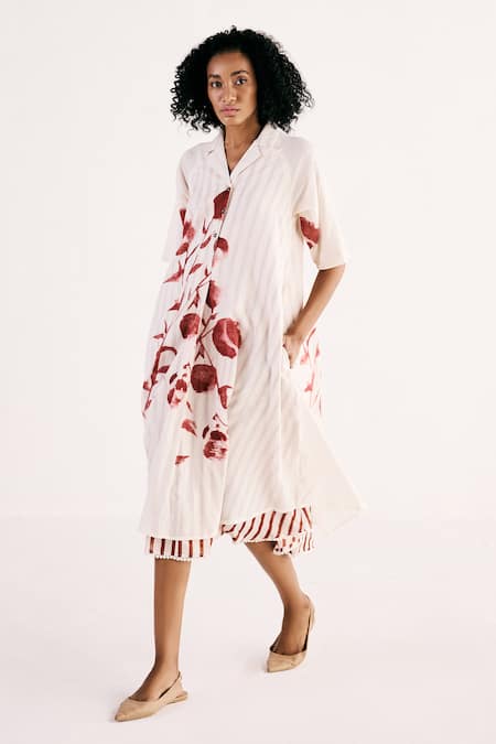 Buy_Kharakapas_Off White Cotton Lace, Embroidery Collared Wild Rose Print Shirt Dress _Online_at_Aza_Fashions