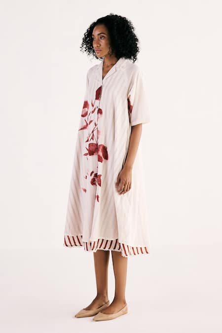 Shop_Kharakapas_Off White Cotton Lace, Embroidery Collared Wild Rose Print Shirt Dress _Online_at_Aza_Fashions